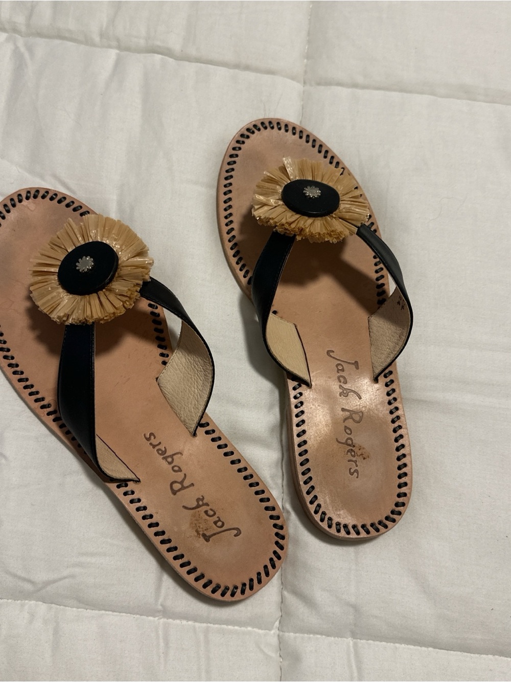 Jack Rogers Black and Tan Raffia Flower Thong Sandals